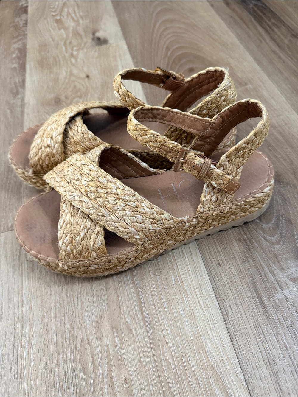 Kids Braided Straw Sandals in Natural Tan - Adjustable Ankle Strap